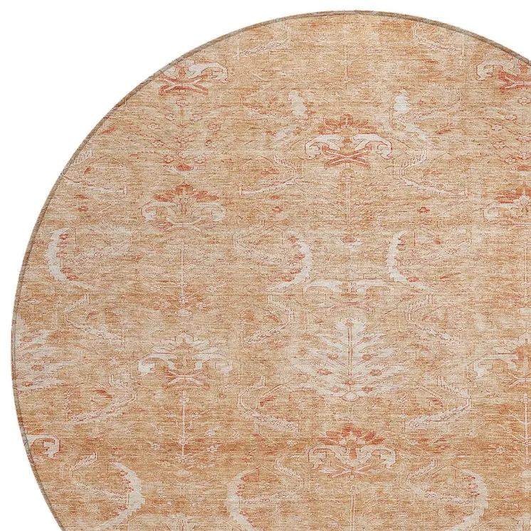 8' Salmon And Terra Cotta Round Damask Washable Indoor Outdoor Area Rug