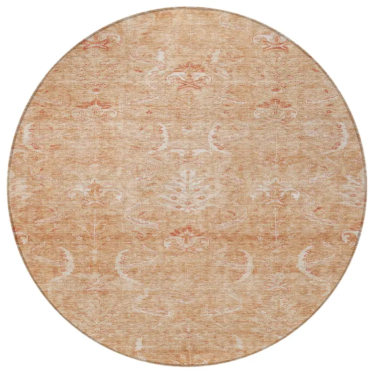8' Salmon And Terra Cotta Round Damask Washable Indoor Outdoor Area Rug