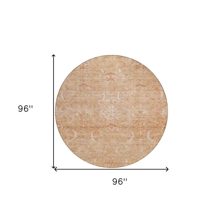 8' Salmon And Terra Cotta Round Damask Washable Indoor Outdoor Area Rug
