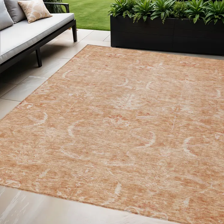 8' X 10' Salmon And Terra Cotta Damask Washable Indoor Outdoor Area Rug