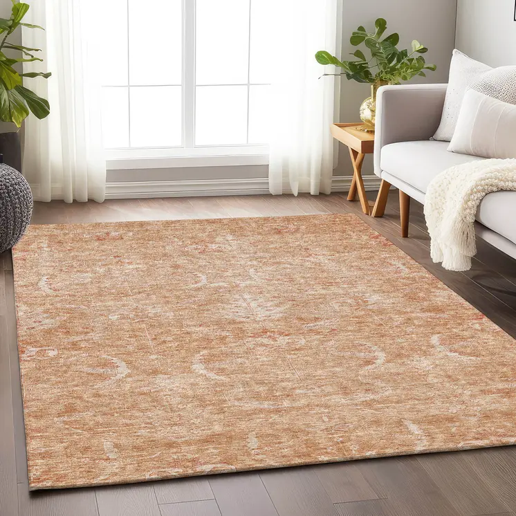 10' X 14' Salmon And Terra Cotta Damask Washable Indoor Outdoor Area Rug