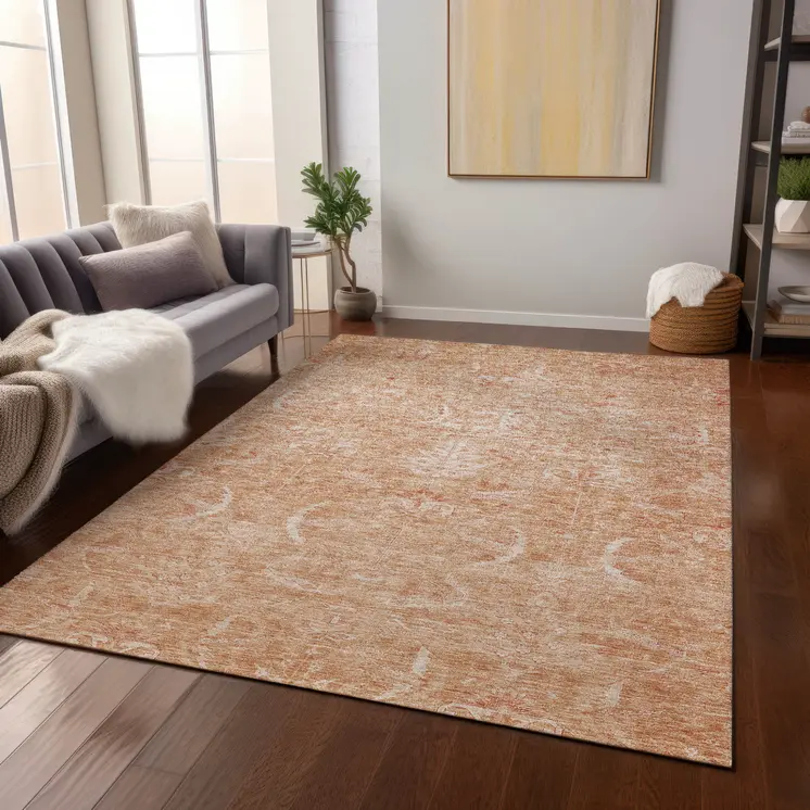 10' X 14' Salmon And Terra Cotta Damask Washable Indoor Outdoor Area Rug