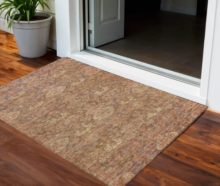 3' X 5' Brown And Tan Damask Washable Indoor Outdoor Area Rug