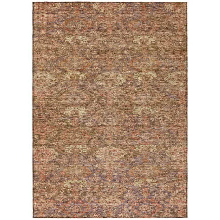 3' X 5' Brown And Tan Damask Washable Indoor Outdoor Area Rug