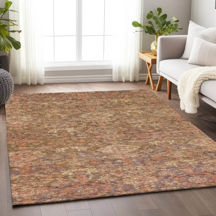 3' X 5' Brown And Tan Damask Washable Indoor Outdoor Area Rug