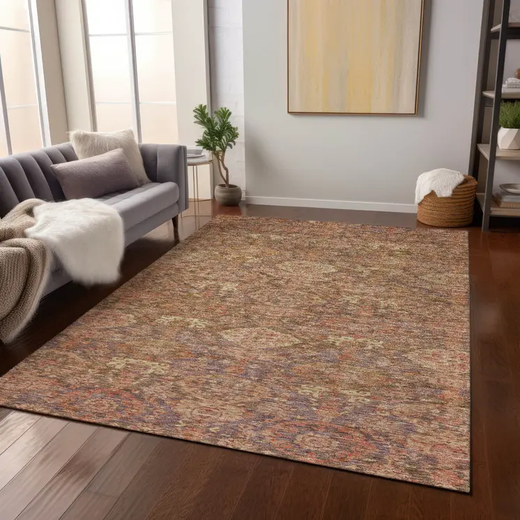 3' X 5' Brown And Tan Damask Washable Indoor Outdoor Area Rug
