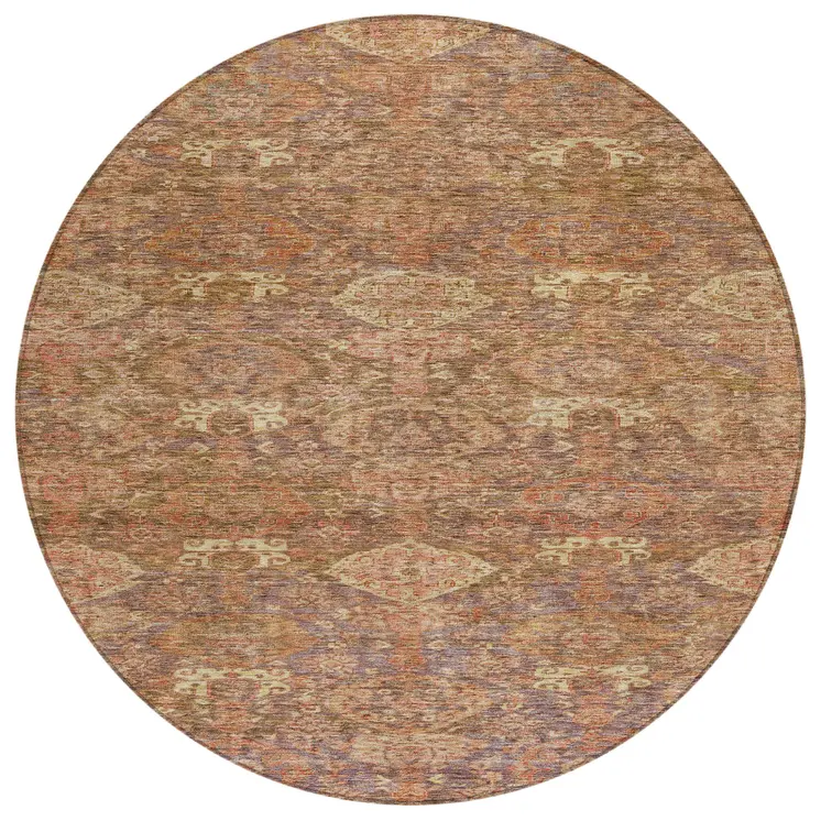 8' Brown And Tan Round Damask Washable Indoor Outdoor Area Rug