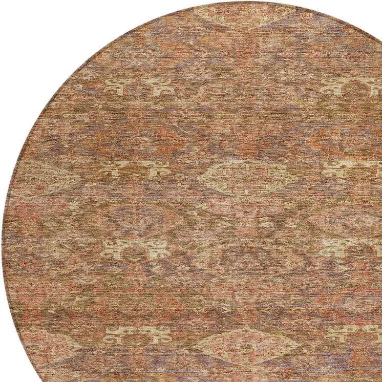 8' Brown And Tan Round Damask Washable Indoor Outdoor Area Rug