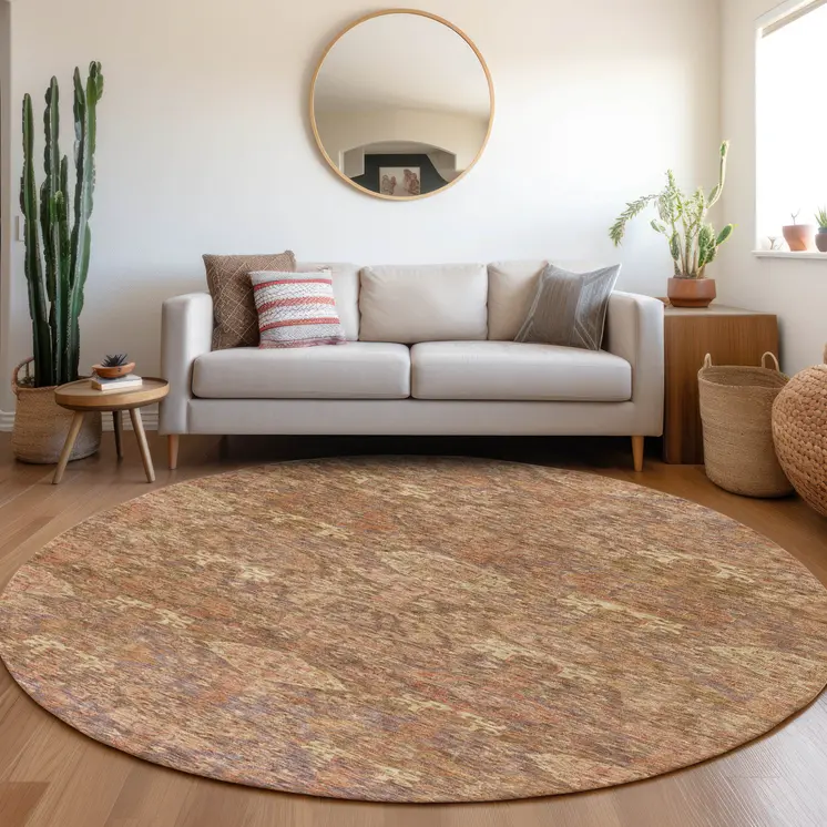 8' Brown And Tan Round Damask Washable Indoor Outdoor Area Rug