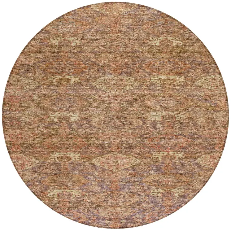 8' Brown And Tan Round Damask Washable Indoor Outdoor Area Rug