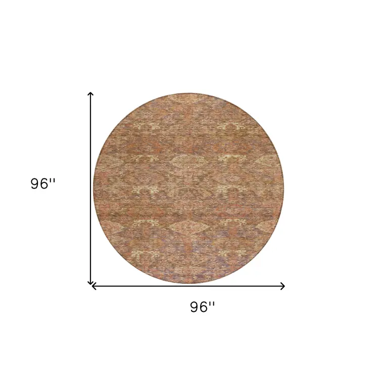 8' Brown And Tan Round Damask Washable Indoor Outdoor Area Rug