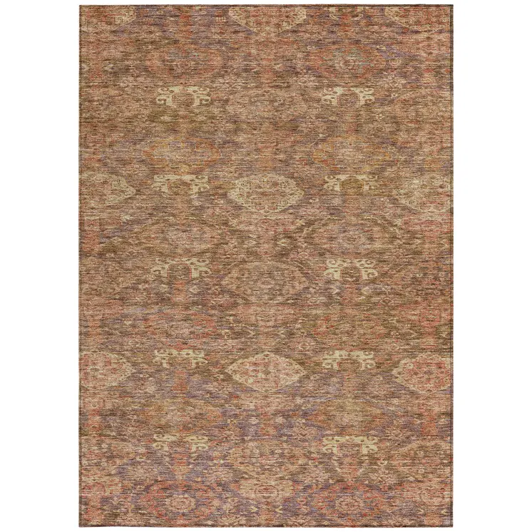 10' X 14' Brown And Tan Damask Washable Indoor Outdoor Area Rug