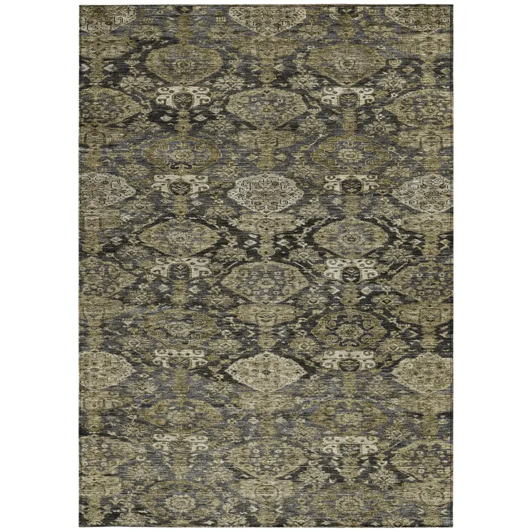 5' X 8' Charcoal And Beige Damask Washable Indoor Outdoor Area Rug