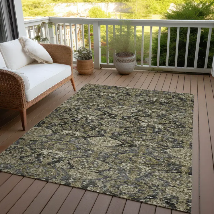 5' X 8' Charcoal And Beige Damask Washable Indoor Outdoor Area Rug