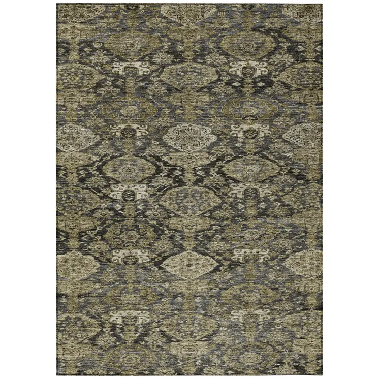 5' X 8' Charcoal And Beige Damask Washable Indoor Outdoor Area Rug