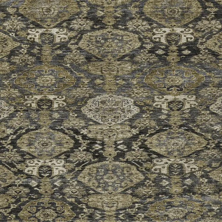 5' X 8' Charcoal And Beige Damask Washable Indoor Outdoor Area Rug