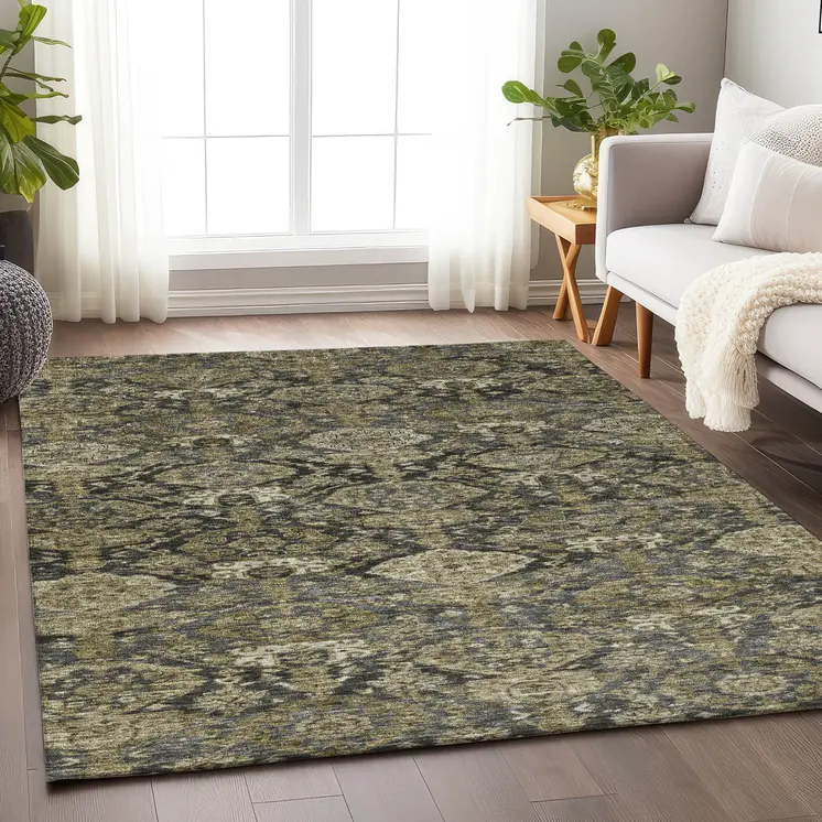 5' X 8' Charcoal And Beige Damask Washable Indoor Outdoor Area Rug