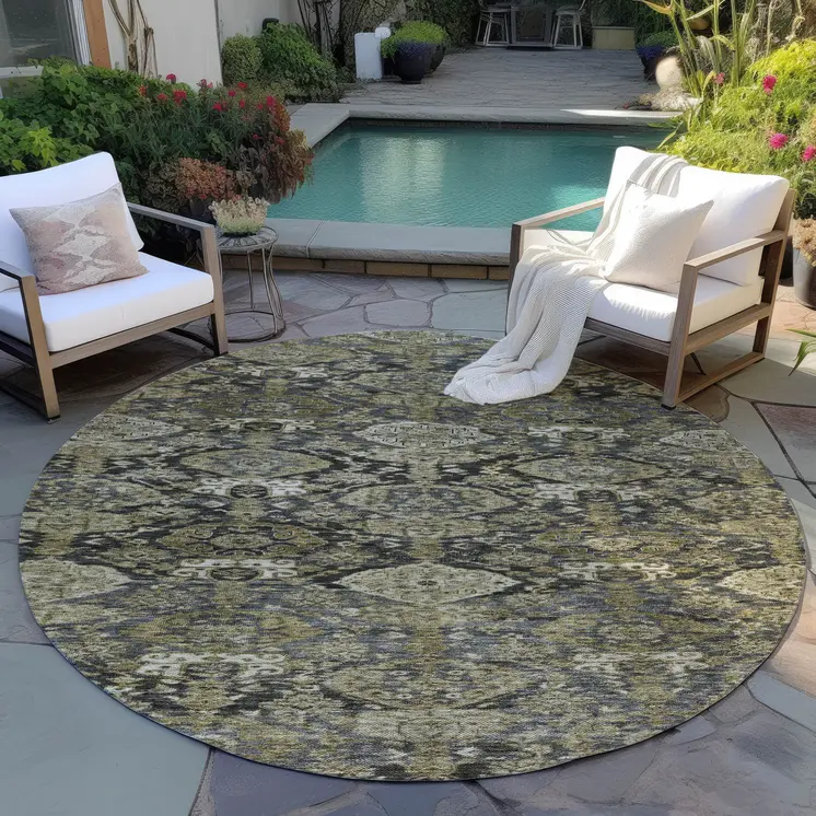 8' Charcoal And Beige Round Damask Washable Indoor Outdoor Area Rug
