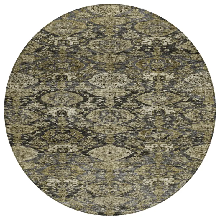 8' Charcoal And Beige Round Damask Washable Indoor Outdoor Area Rug