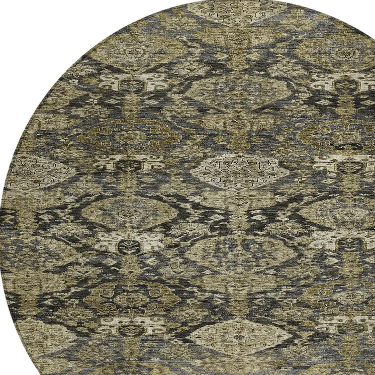8' Charcoal And Beige Round Damask Washable Indoor Outdoor Area Rug