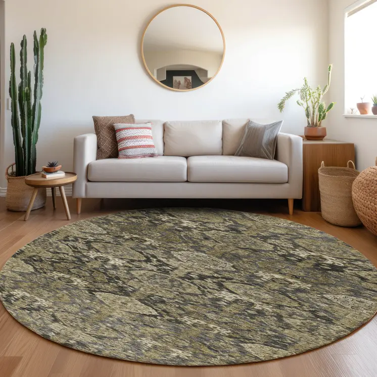 8' Charcoal And Beige Round Damask Washable Indoor Outdoor Area Rug
