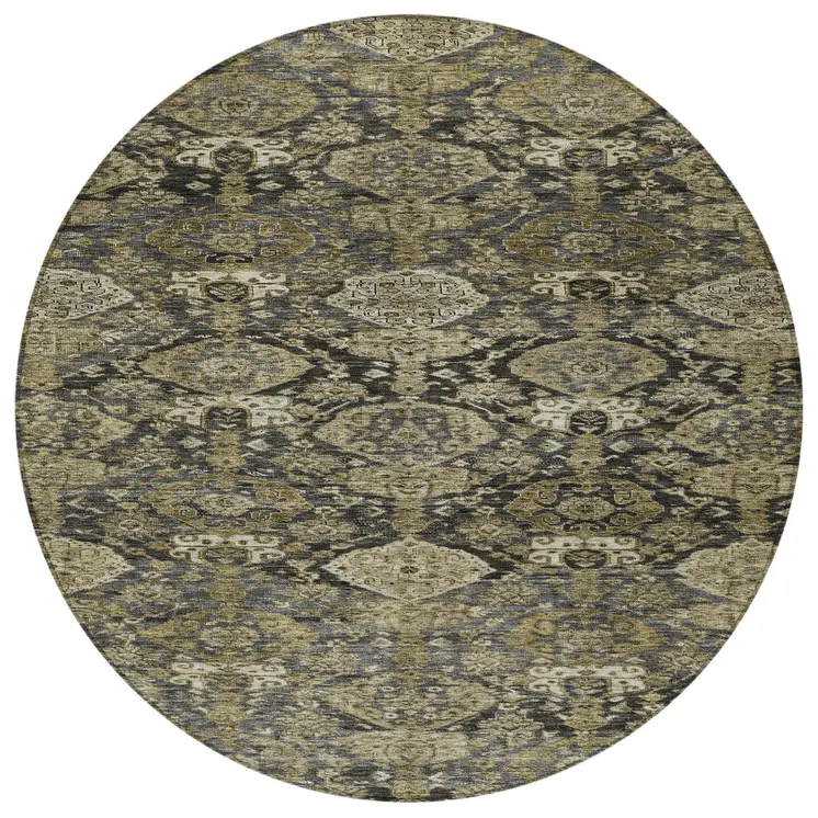 8' Charcoal And Beige Round Damask Washable Indoor Outdoor Area Rug