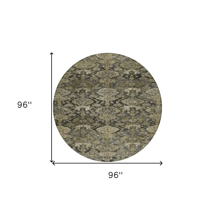 8' Charcoal And Beige Round Damask Washable Indoor Outdoor Area Rug