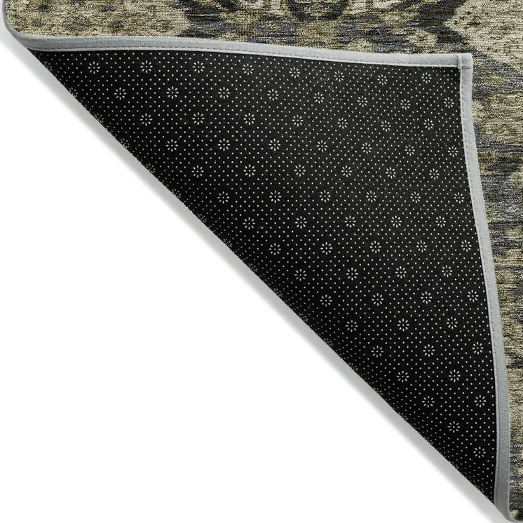 9' X 12' Charcoal And Beige Damask Washable Indoor Outdoor Area Rug