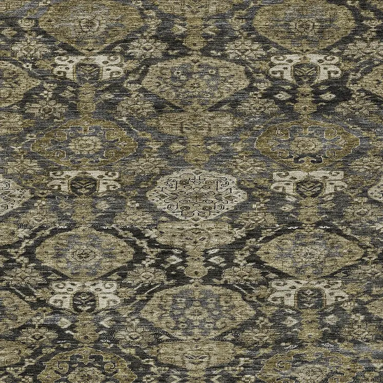 10' X 14' Charcoal And Beige Damask Washable Indoor Outdoor Area Rug