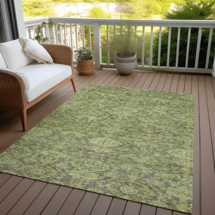 5' X 8' Green And Gray Damask Washable Indoor Outdoor Area Rug