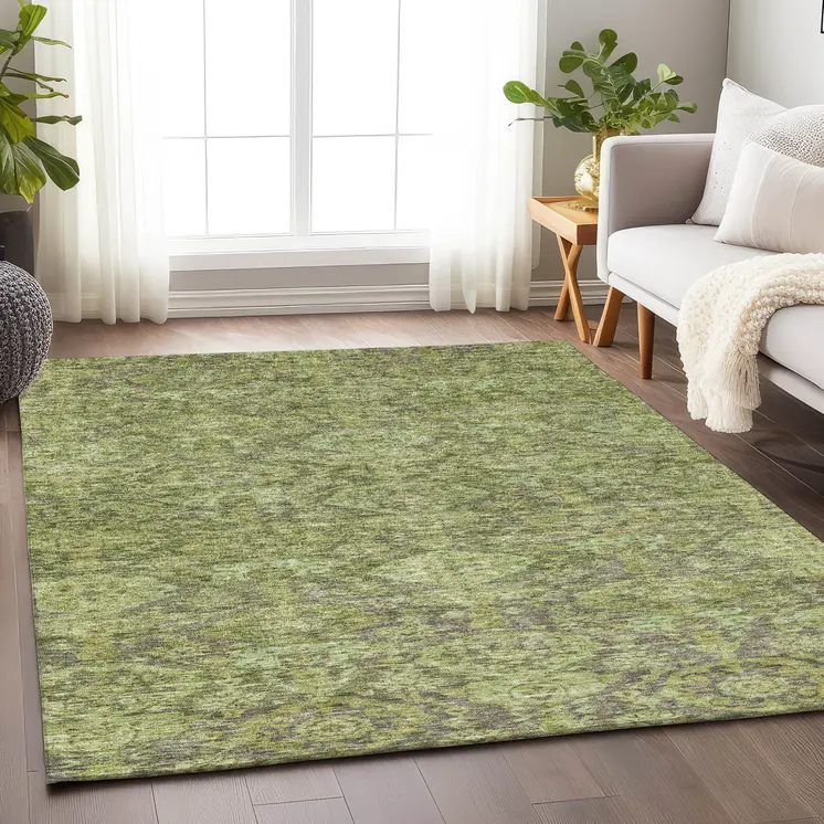 5' X 8' Green And Gray Damask Washable Indoor Outdoor Area Rug