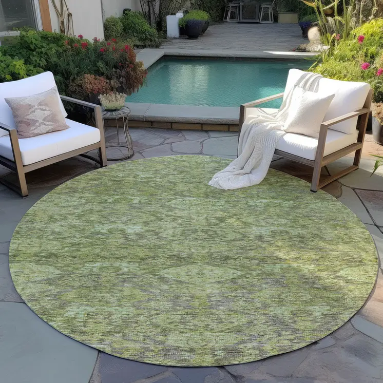8' Green And Gray Round Damask Washable Indoor Outdoor Area Rug
