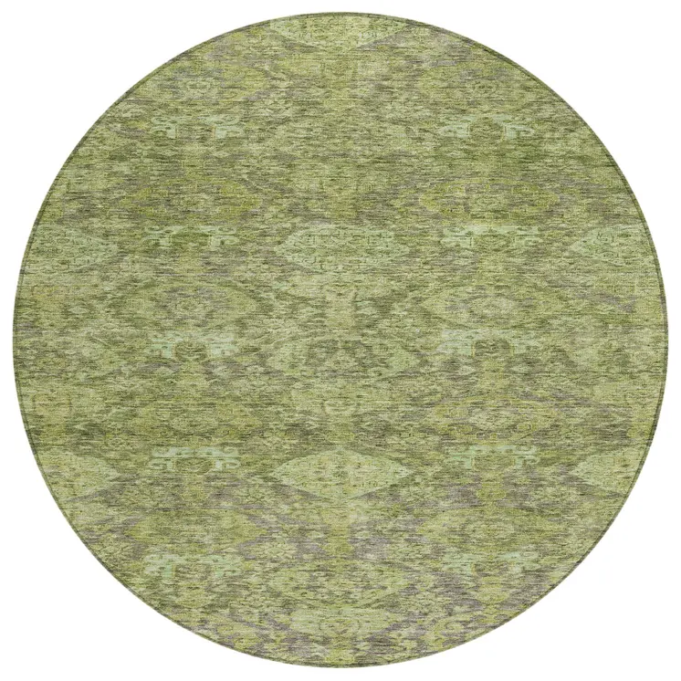8' Green And Gray Round Damask Washable Indoor Outdoor Area Rug