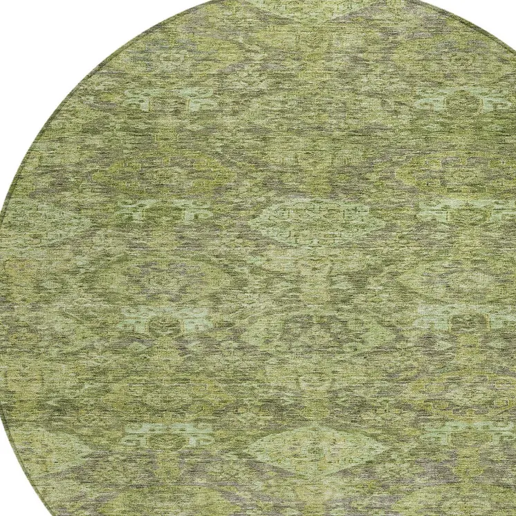 8' Green And Gray Round Damask Washable Indoor Outdoor Area Rug