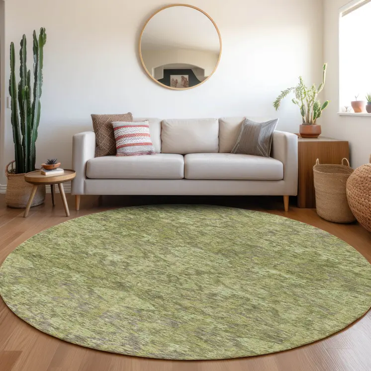 8' Green And Gray Round Damask Washable Indoor Outdoor Area Rug