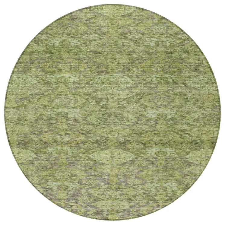 8' Green And Gray Round Damask Washable Indoor Outdoor Area Rug