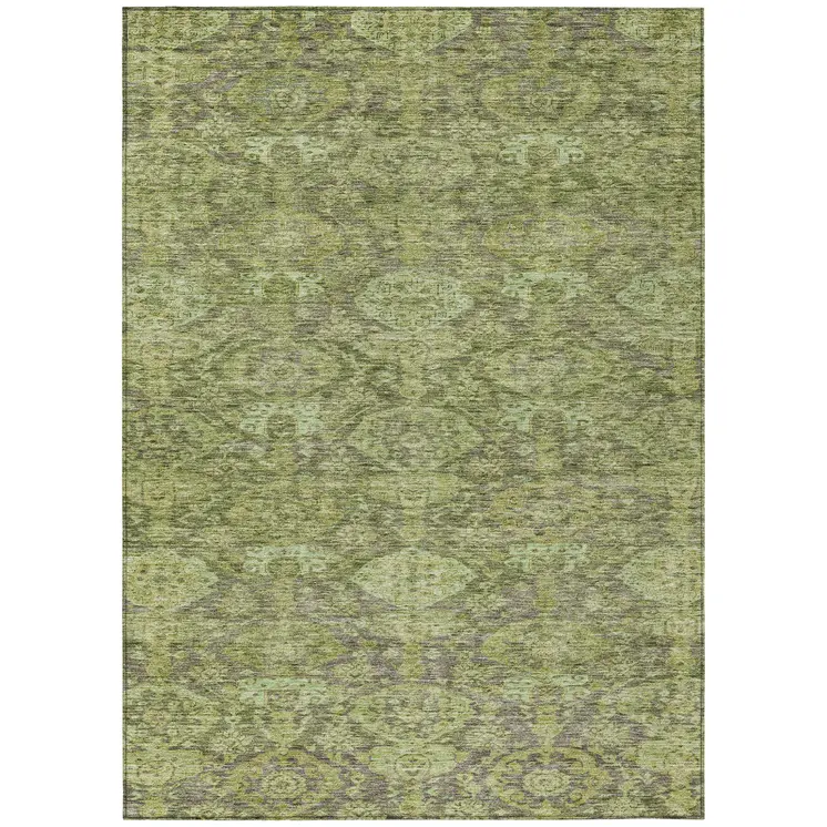 9' X 12' Green And Gray Damask Washable Indoor Outdoor Area Rug