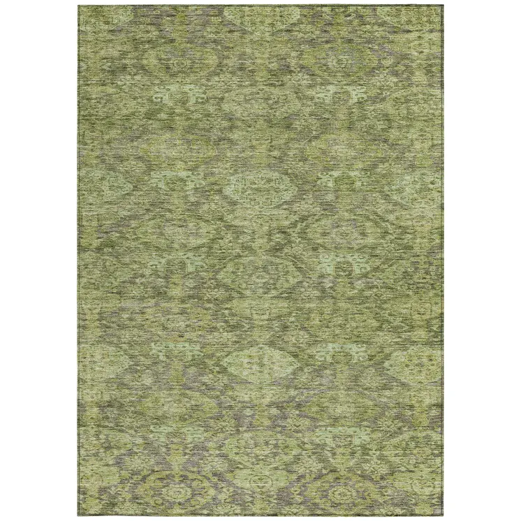 9' X 12' Green And Gray Damask Washable Indoor Outdoor Area Rug
