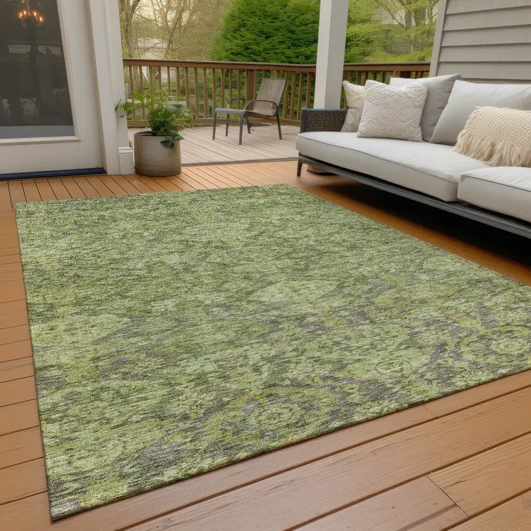 10' X 14' Green And Gray Damask Washable Indoor Outdoor Area Rug