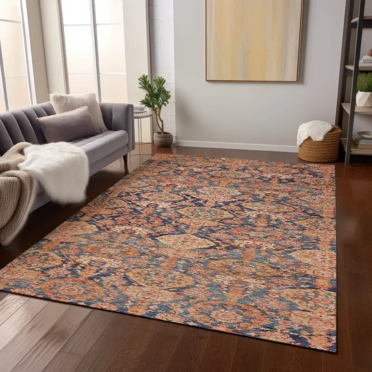 5' X 8' Terra Cotta And Charcoal Damask Washable Indoor Outdoor Area Rug
