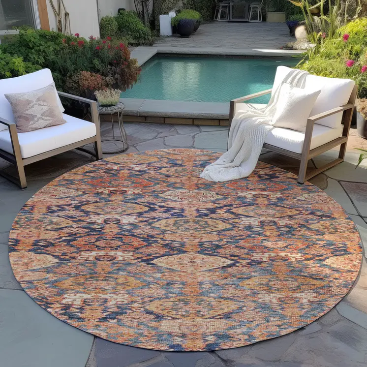 8' Terra Cotta And Charcoal Round Damask Washable Indoor Outdoor Area Rug