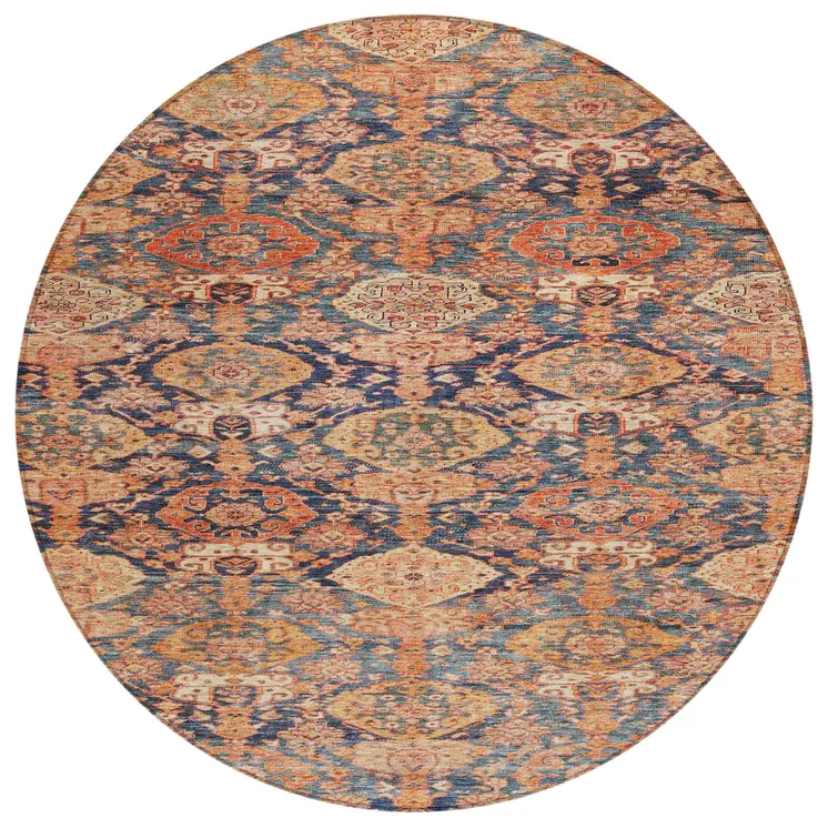 8' Terra Cotta And Charcoal Round Damask Washable Indoor Outdoor Area Rug