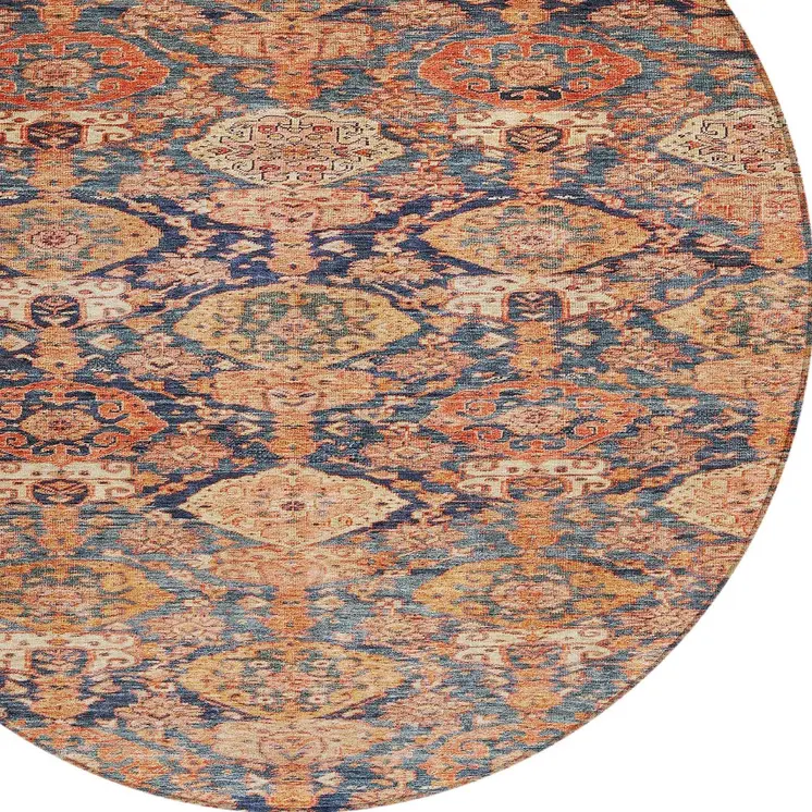8' Terra Cotta And Charcoal Round Damask Washable Indoor Outdoor Area Rug