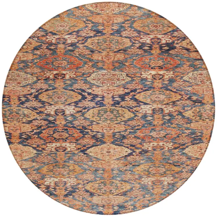 8' Terra Cotta And Charcoal Round Damask Washable Indoor Outdoor Area Rug