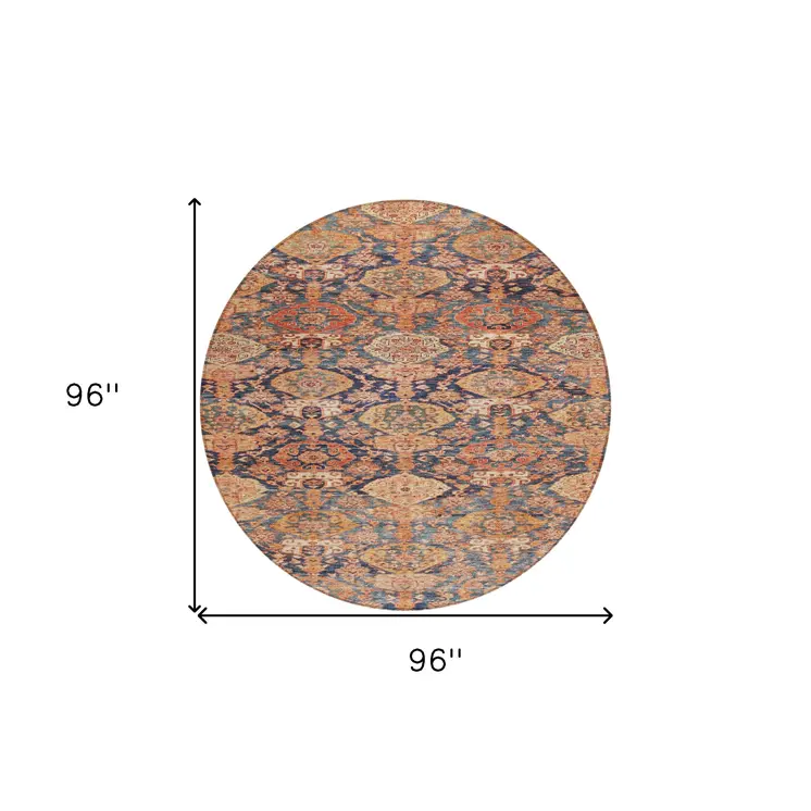 8' Terra Cotta And Charcoal Round Damask Washable Indoor Outdoor Area Rug