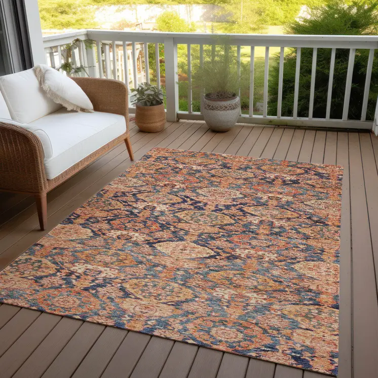8' X 10' Terra Cotta And Charcoal Damask Washable Indoor Outdoor Area Rug