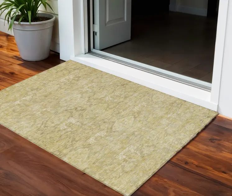 3' X 5' Wheat And Beige Damask Washable Indoor Outdoor Area Rug