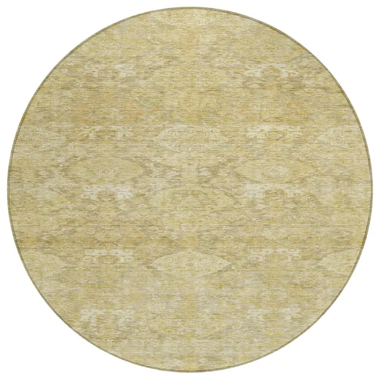 8' Wheat And Beige Round Damask Washable Indoor Outdoor Area Rug