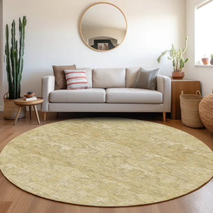 8' Wheat And Beige Round Damask Washable Indoor Outdoor Area Rug