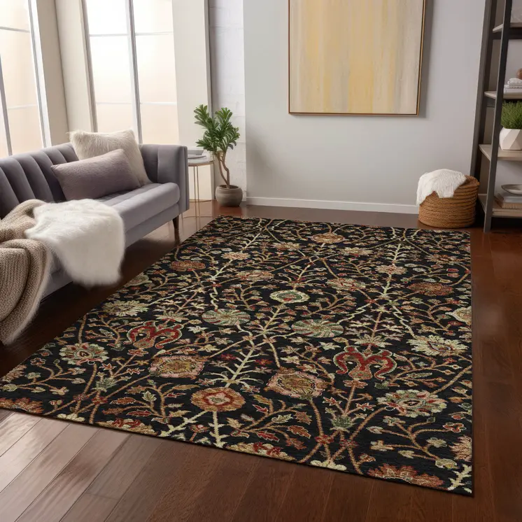 5' X 8' Black Brown And Red Floral Washable Indoor Outdoor Area Rug